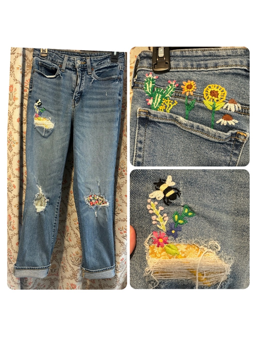 Artist-Made—Handmade Embroidered Floral Patch Distressed Women’s Jeans
